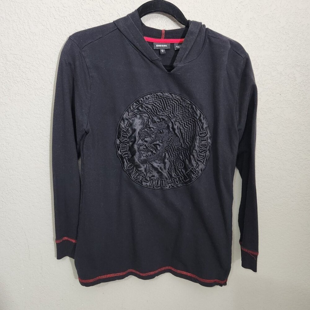 Diesel Black Long Sleeve Hooded Shirt XL kid size 16 Embossed CUT NECKLINE